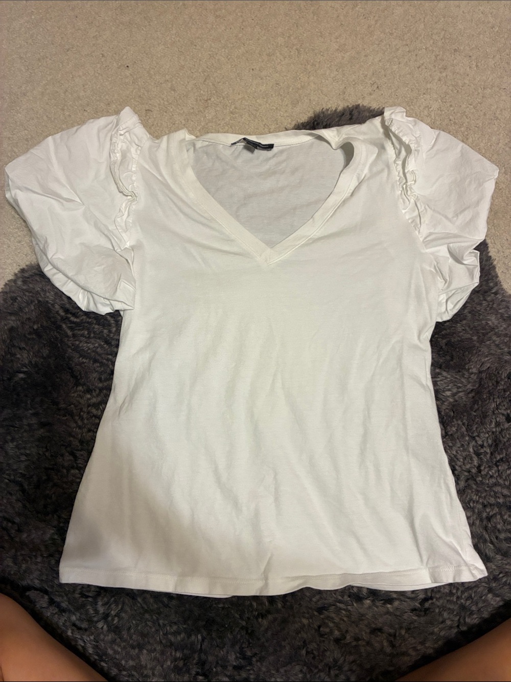 INC International Concepts White V-Neck Puff Sleeve Tee